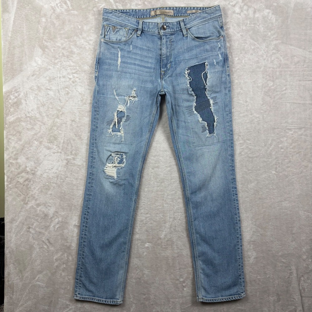 Guess Jeans Mens 34 Original Straight Destroyed Solitary Blue Patchwork Edgy